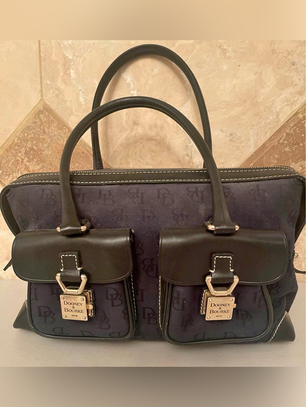 Dooney & Bourke Navy and Black Signature Satchel with Dual Front Pockets